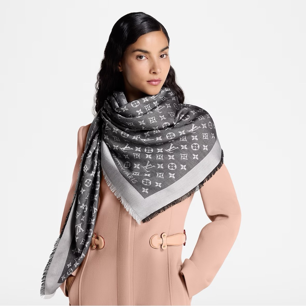 Louis Vuitton LV Authentic Monogram Denim Fringe Shawl Black Grey, M71378